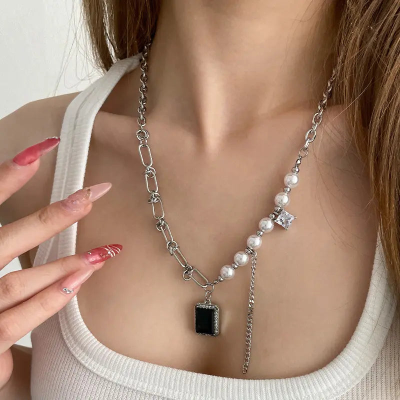 Lovcia Black Square Diamond Pearl Tassel Necklace for Women-Necklaces-Pearl Necklace-Pearl Necklace