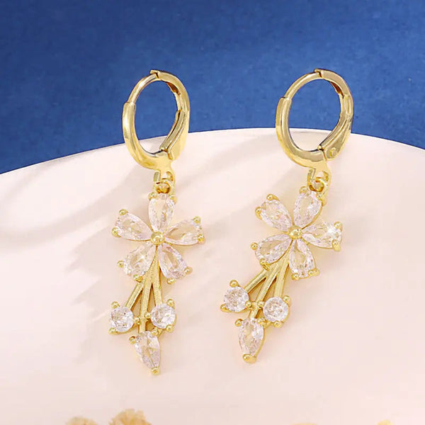 Lovcia Blossom Radiance Gold Plated Dangle Earrings for Women with Crystal Petals-Earrings-Gold-Gold