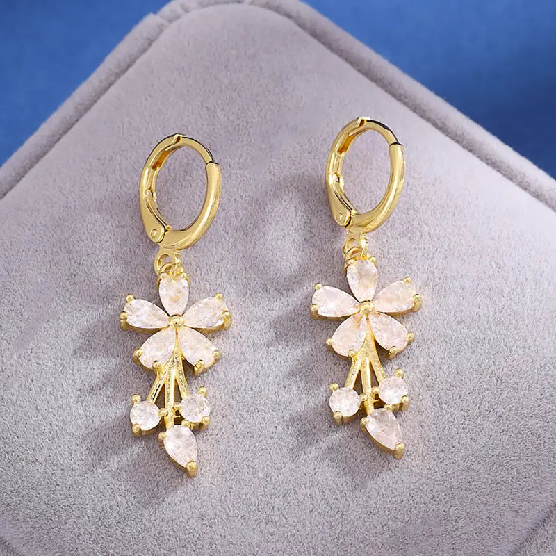 Lovcia Blossom Radiance Gold Plated Dangle Earrings for Women with Crystal Petals-Earrings-Gold-Gold