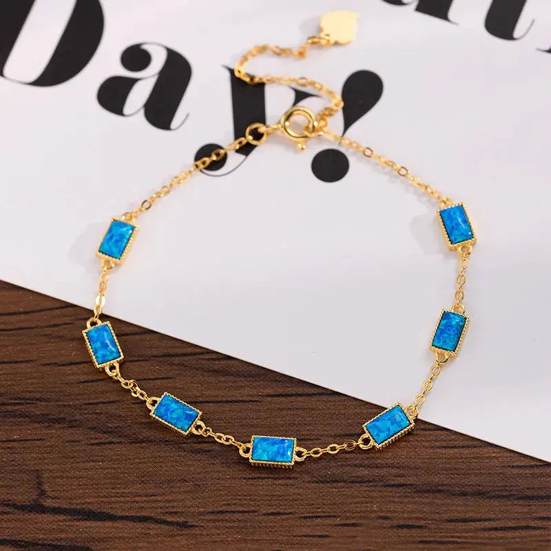 Lovcia Blue and Pink Cube Shaped Stone Inlaid 14K Gold Plated Sterling Silver Bracelet for Women-Bracelets-Blue-Blue