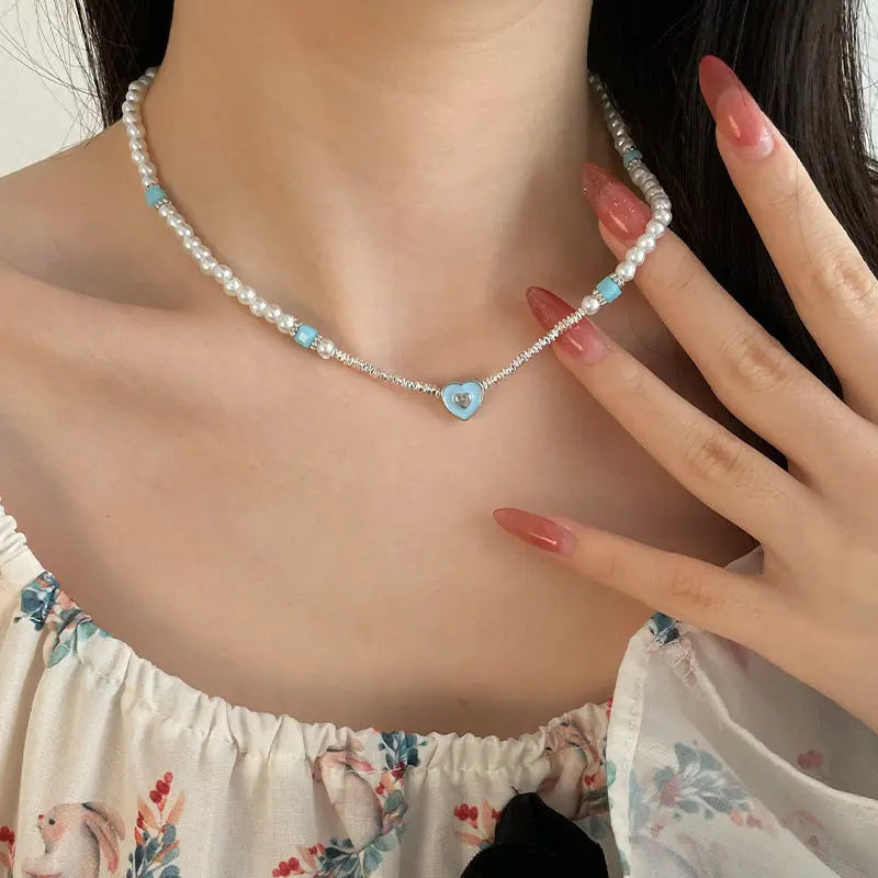 Lovcia Blue Loving Heart Broken Silver Style Pearl Necklace for Women-Necklaces-Broken Silver Necklace-Broken Silver Necklace