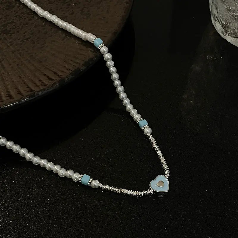 Lovcia Blue Loving Heart Broken Silver Style Pearl Necklace for Women-Necklaces-Broken Silver Necklace-Broken Silver Necklace