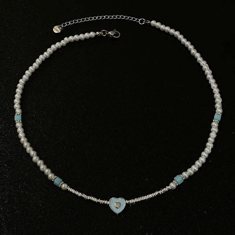 Lovcia Blue Loving Heart Broken Silver Style Pearl Necklace for Women-Necklaces-Broken Silver Necklace-Broken Silver Necklace