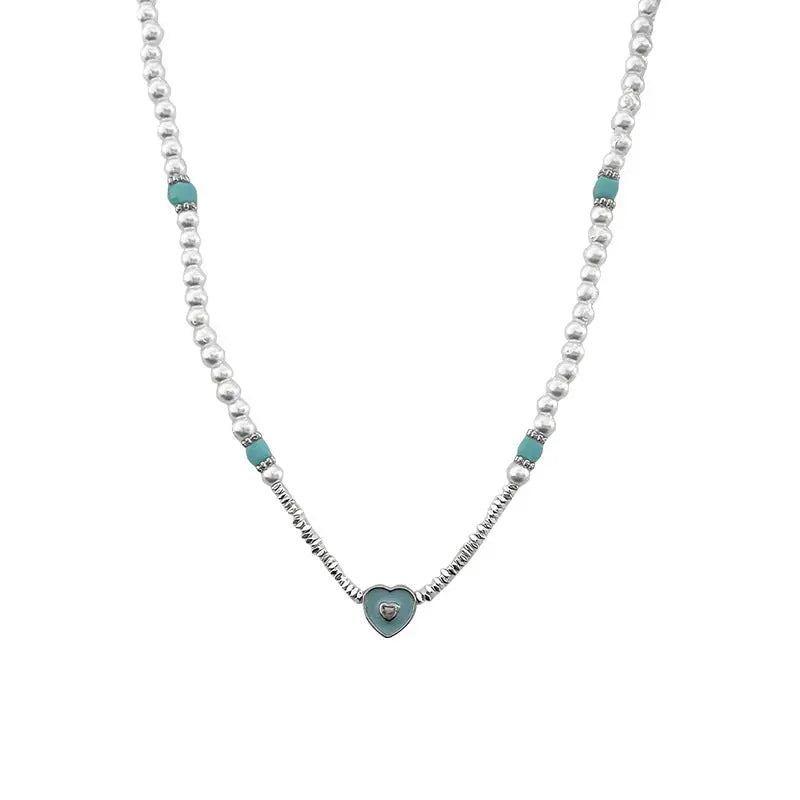 Lovcia Blue Loving Heart Broken Silver Style Pearl Necklace for Women-Necklaces-Broken Silver Necklace-Broken Silver Necklace