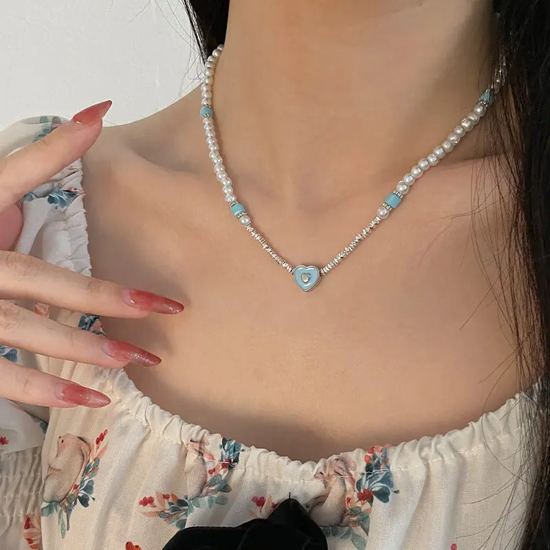 Lovcia Blue Loving Heart Broken Silver Style Pearl Necklace for Women-Necklaces-Broken Silver Necklace-Broken Silver Necklace
