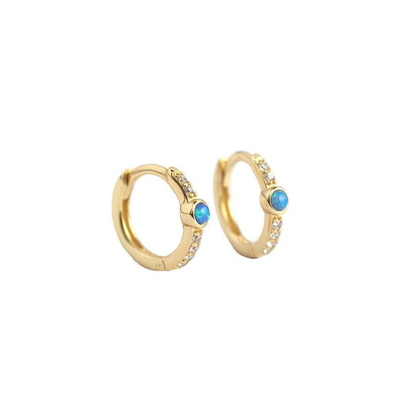Lovcia Blue Opal CZ Huggie Hoop Earrings 11mm Gold Plated 925-Earrings-Yellow Gold-