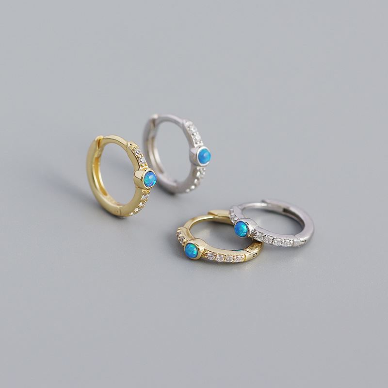 Lovcia Blue Opal CZ Huggie Hoop Earrings 11mm Gold Plated 925-Earrings-Yellow Gold-