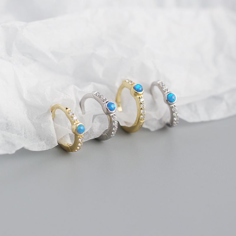 Lovcia Blue Opal CZ Huggie Hoop Earrings 11mm Gold Plated 925-Earrings-Yellow Gold-