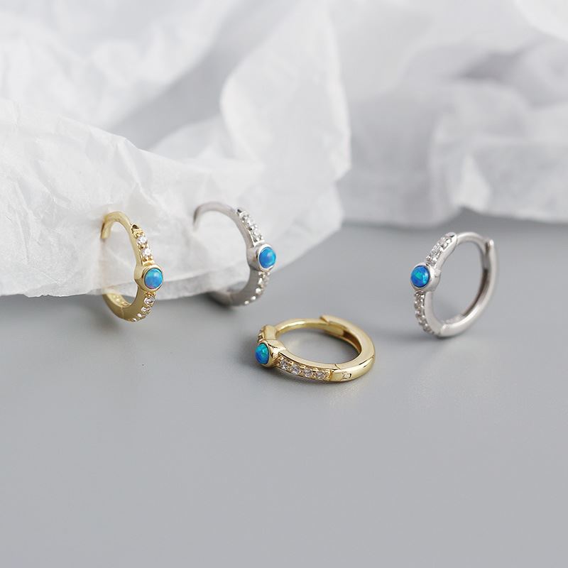 Lovcia Blue Opal CZ Huggie Hoop Earrings 11mm Gold Plated 925-Earrings-Yellow Gold-