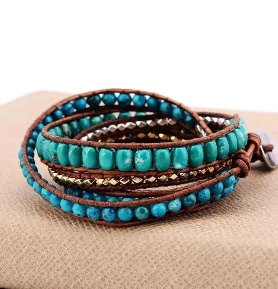 Lovcia Bohemian Style Turquoise Stone Braided Handmade Woven Bracelet for Women-Bracelets-blue-blue