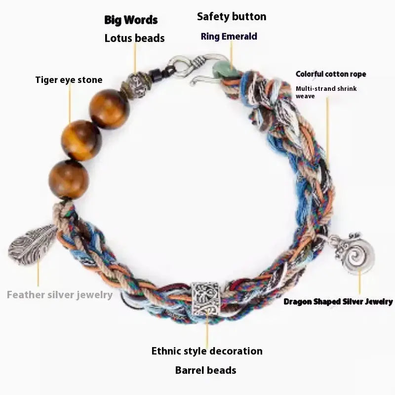 Lovcia Bohemian Tiger Eye Beads Sterling Silver Ethnic Charm Bracelet for Women-Bracelets-15cm-15cm