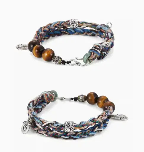 Lovcia Bohemian Tiger Eye Beads Sterling Silver Ethnic Charm Bracelet for Women-Bracelets-15cm-15cm