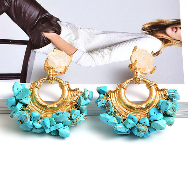 Lovcia Boho Multicolor Gemstone and Gold Crescent Statement Earrings for Women-Earrings-Blue-Blue