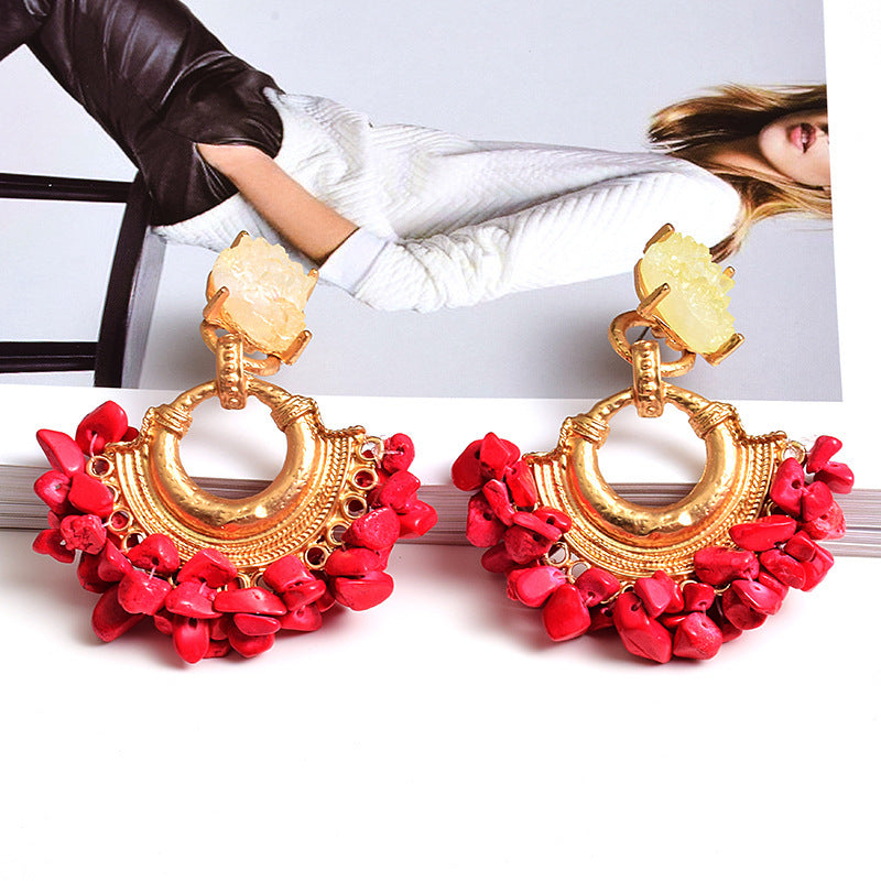 Lovcia Boho Multicolor Gemstone and Gold Crescent Statement Earrings for Women-Earrings-Red-Red