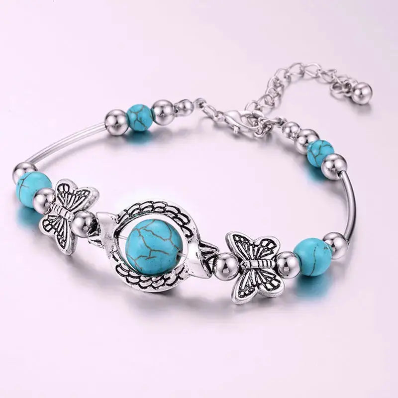 Lovcia Boho Style Turquoise Butterfly Charm Silver Fashion Bracelet for Women-Bracelets-Turquoise-Turquoise