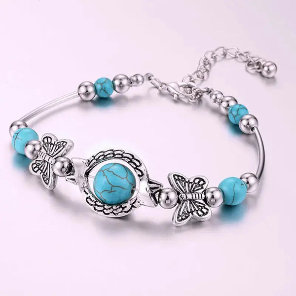 Lovcia Boho Style Turquoise Butterfly Charm Silver Fashion Bracelet for Women-Bracelets-Turquoise-Turquoise
