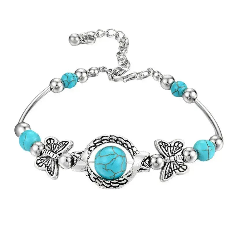 Lovcia Boho Style Turquoise Butterfly Charm Silver Fashion Bracelet for Women-Bracelets-Turquoise-Turquoise