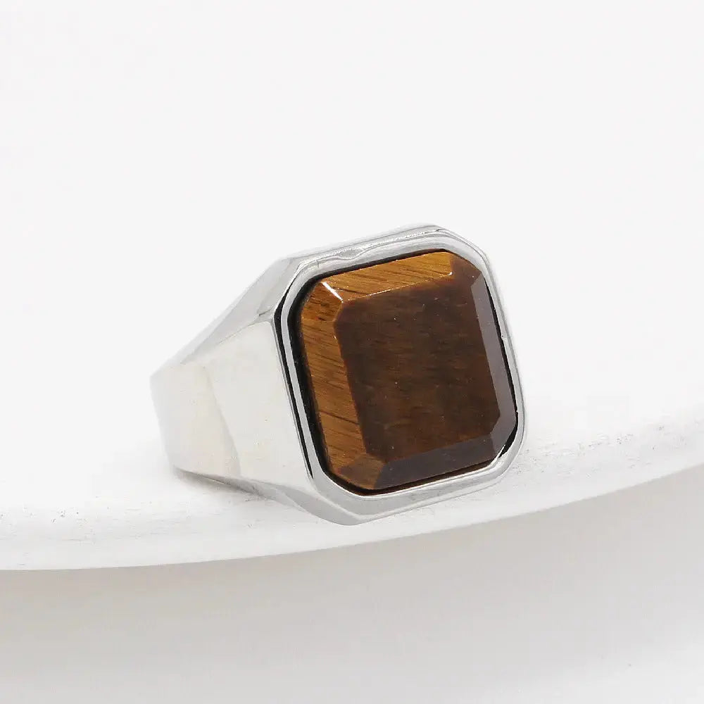 Lovcia Bold Brilliance Tiger Eye Square Gem Men's Fashion Ring-Rings-Steel Color Tigereye-10 No-Steel Color Tigereye