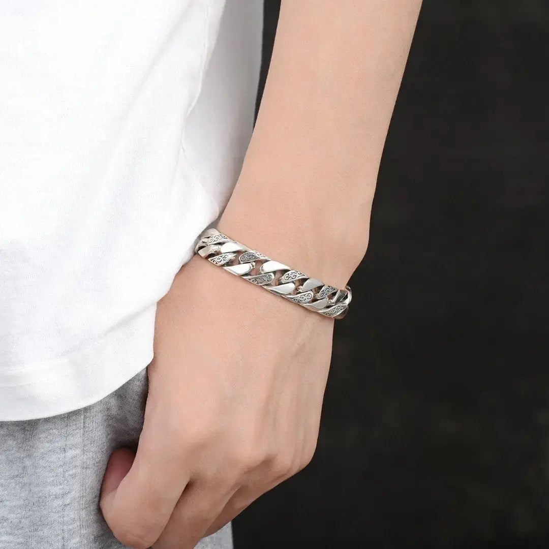 Lovcia Bold Rattan Pattern Domineering Design Sterling Silver Bracelet for Men - Men's Vintage Style Bracelet Chain-Bracelets-Chain Length - 20 cm-Chain Length - 20 cm
