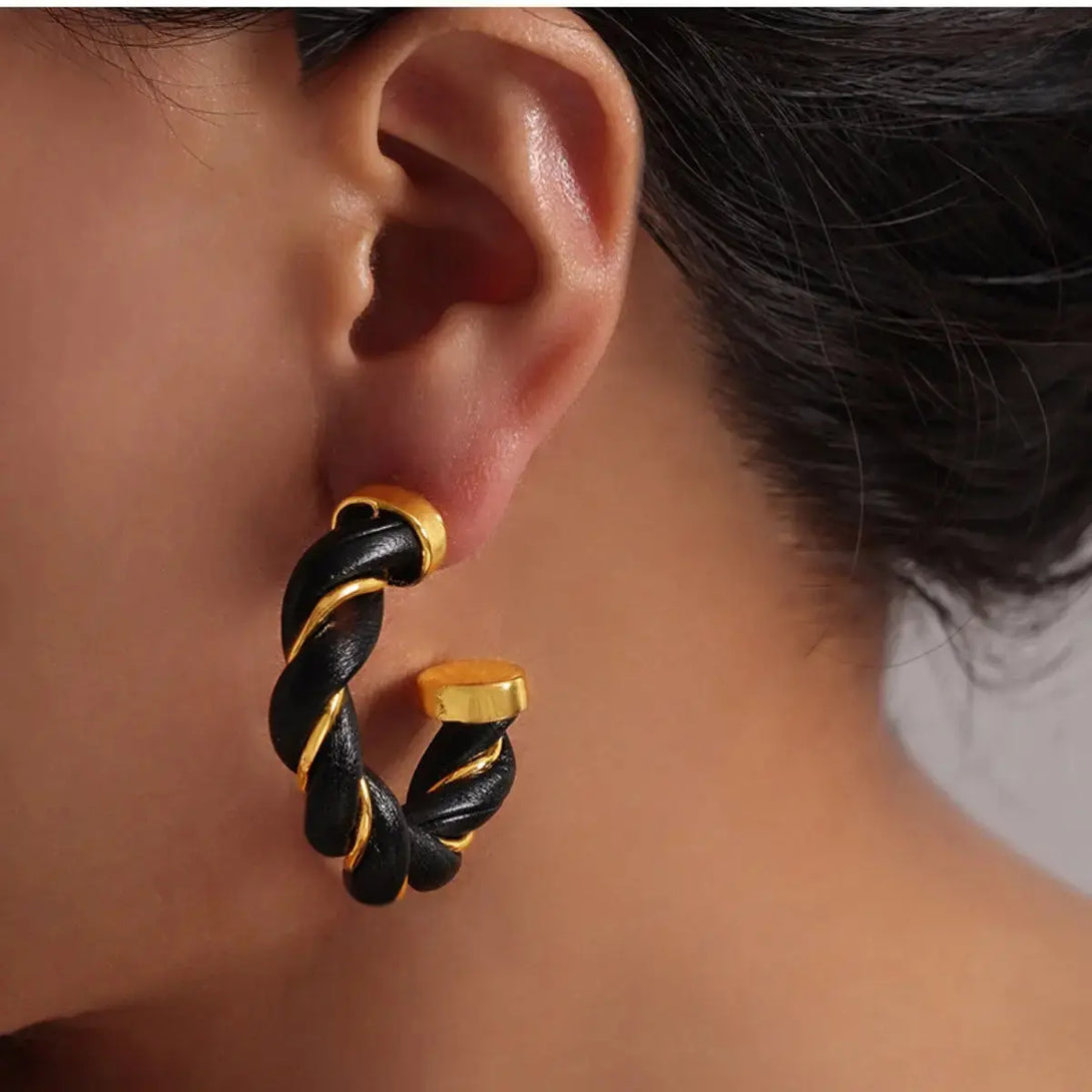 Lovcia Braided Leather Gold-Plated C-Hoop Earrings for Women-Earrings-Black-One Size-Black