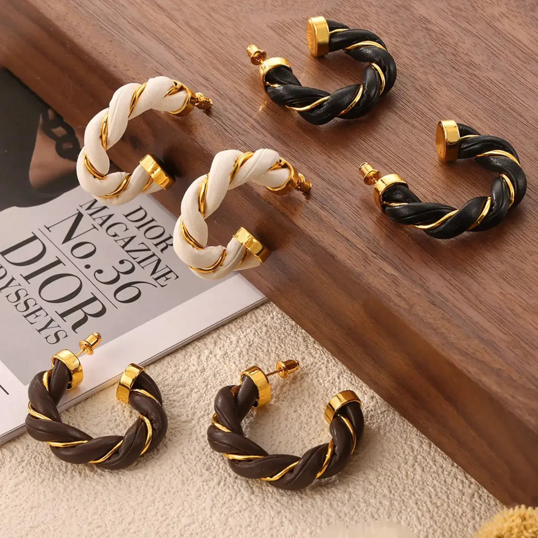 Lovcia Braided Leather Gold-Plated C-Hoop Earrings for Women-Earrings-Coffee Brown-One Size-Coffee Brown