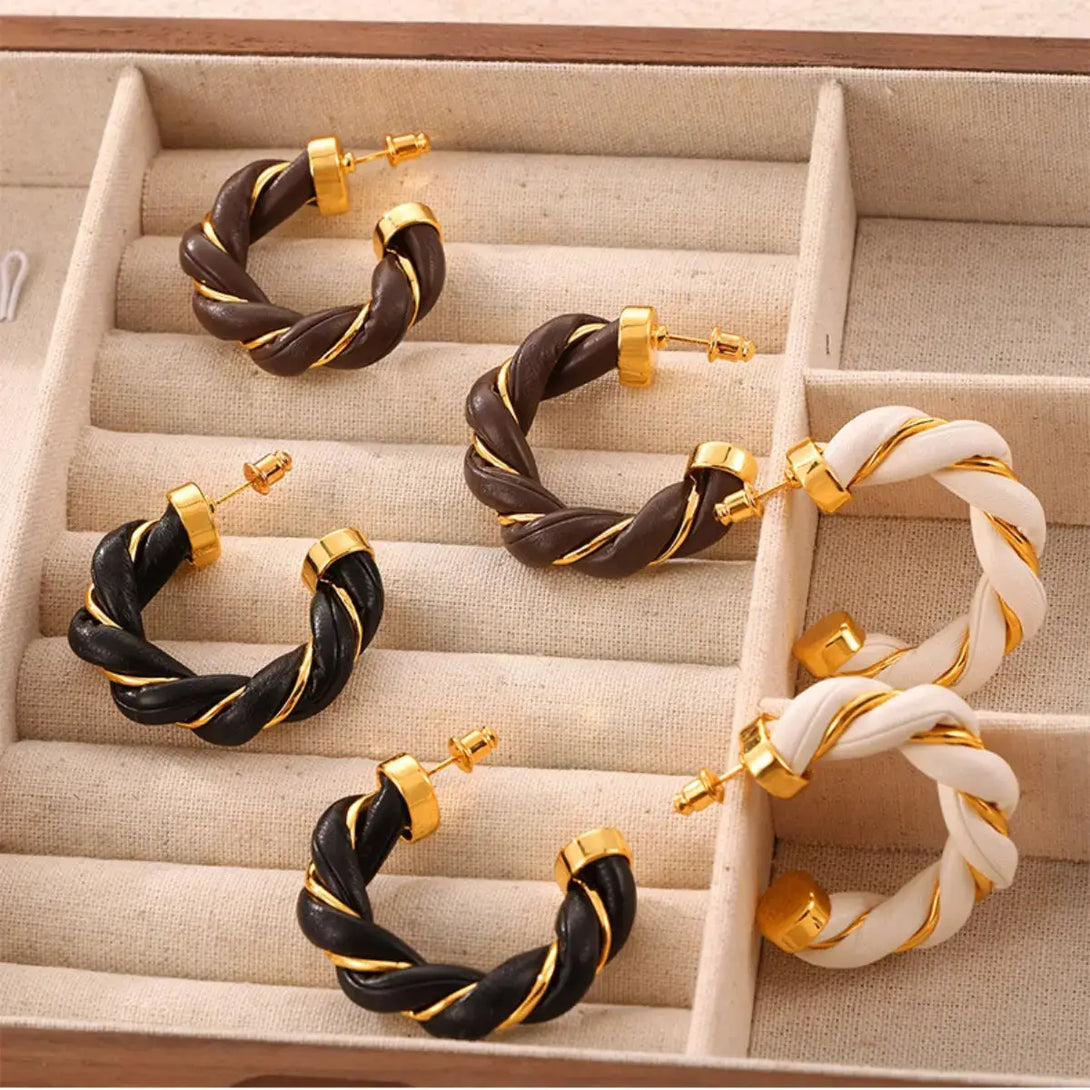 Lovcia Braided Leather Gold-Plated C-Hoop Earrings for Women-Earrings-Coffee Brown-One Size-Coffee Brown