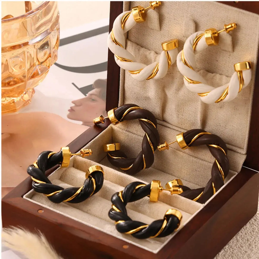 Lovcia Braided Leather Gold-Plated C-Hoop Earrings for Women-Earrings-Coffee Brown-One Size-Coffee Brown