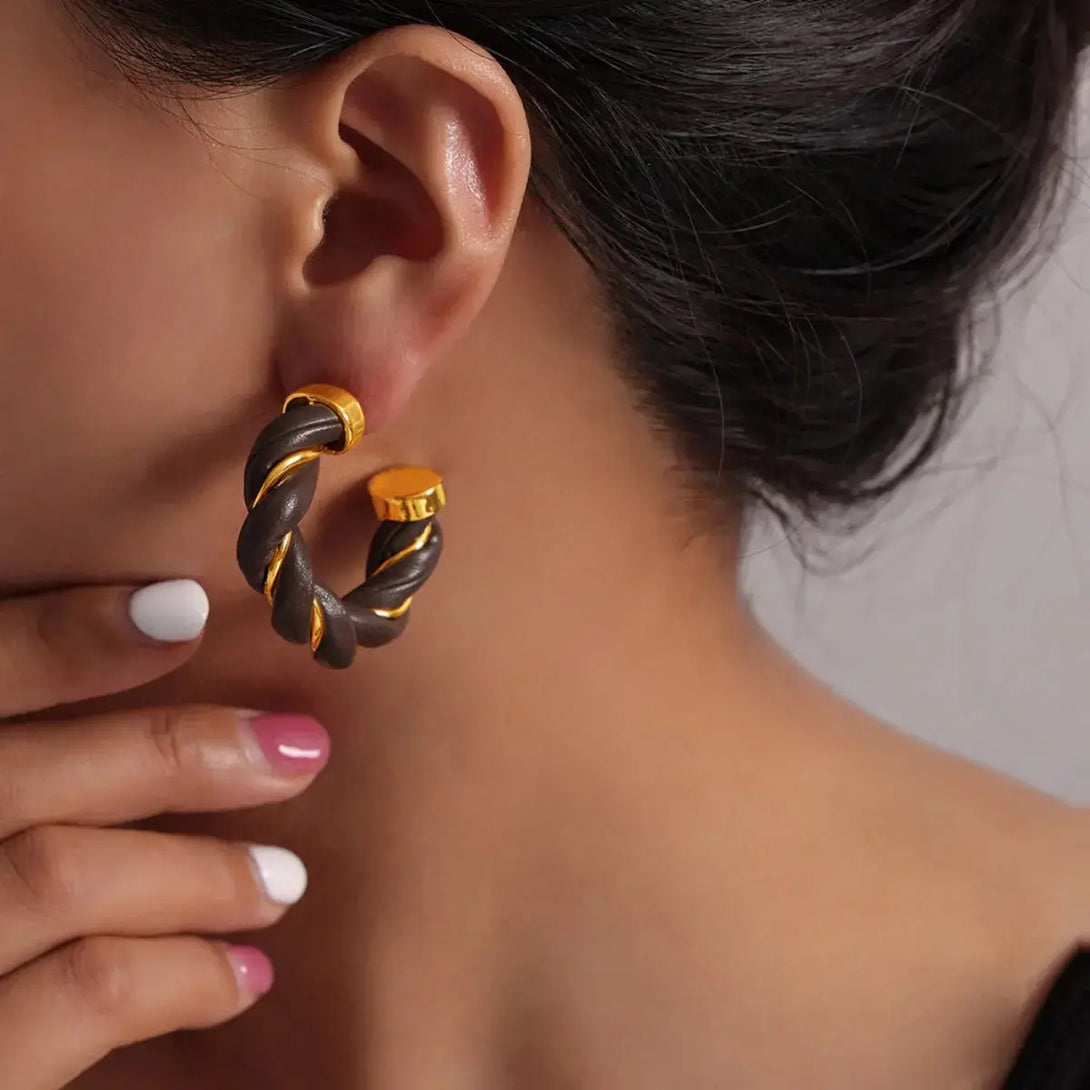 Lovcia Braided Leather Gold-Plated C-Hoop Earrings for Women-Earrings-Coffee Brown-One Size-Coffee Brown