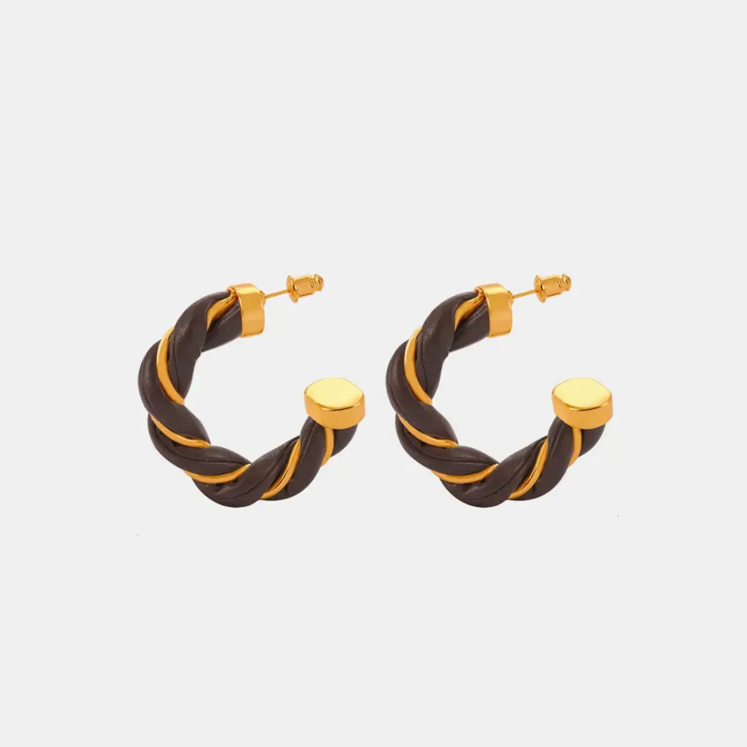 Lovcia Braided Leather Gold-Plated C-Hoop Earrings for Women-Earrings-Coffee Brown-One Size-Coffee Brown