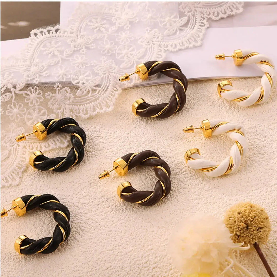 Lovcia Braided Leather Gold-Plated C-Hoop Earrings for Women-Earrings-Coffee Brown-One Size-Coffee Brown
