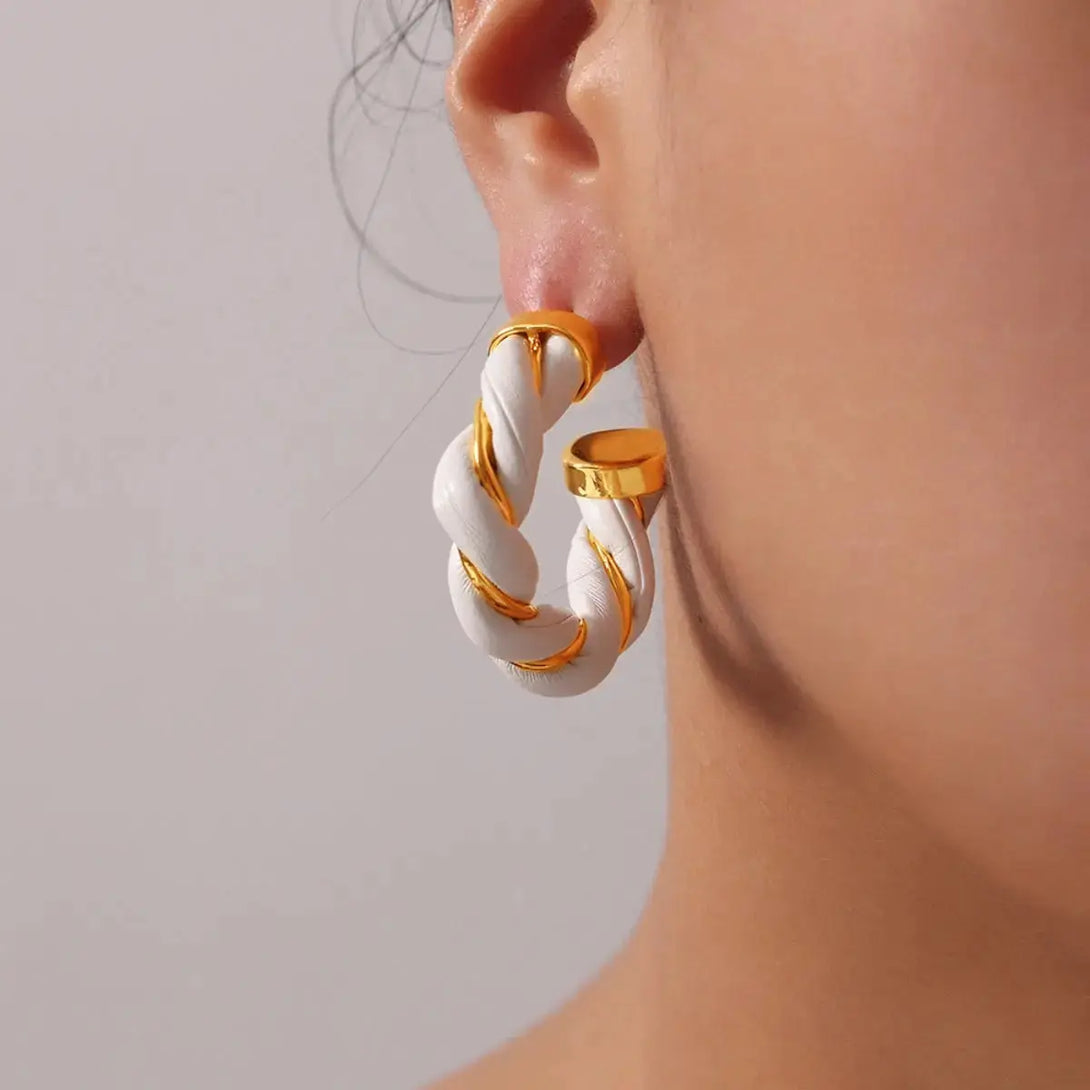 Lovcia Braided Leather Gold-Plated C-Hoop Earrings for Women-Earrings-White-One Size-White