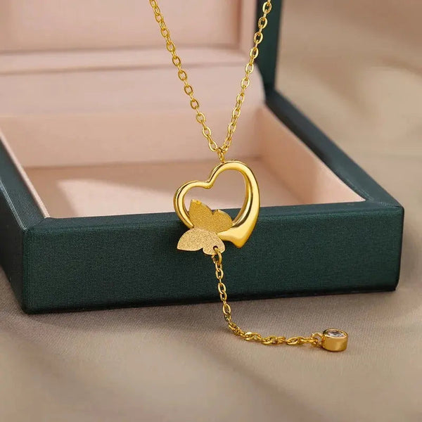 Lovcia Butterfly Heart Pendant Necklace for Women, Adjustable Chain, 18K Gold Plated Stainless Steel Necklace, Elegant Gift for Her-Necklaces-Gold-Gold