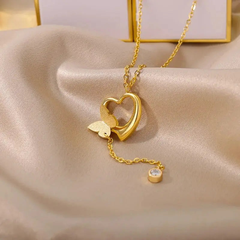 Lovcia Butterfly Heart Pendant Necklace for Women, Adjustable Chain, 18K Gold Plated Stainless Steel Necklace, Elegant Gift for Her-Necklaces-Gold-Gold