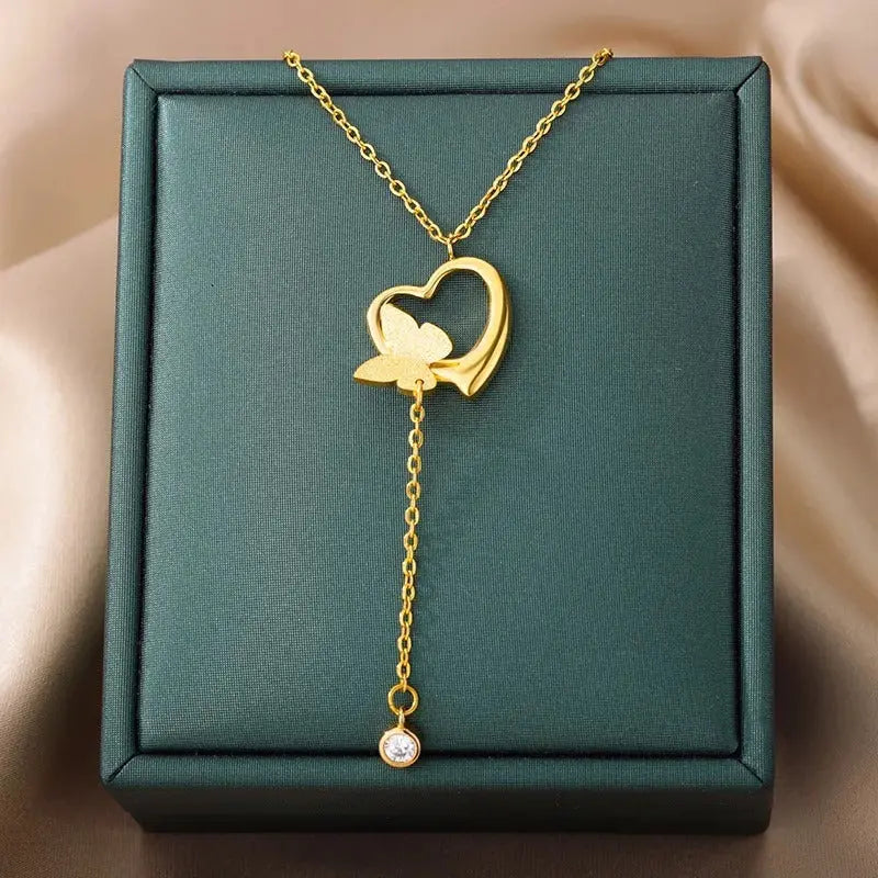 Lovcia Butterfly Heart Pendant Necklace for Women, Adjustable Chain, 18K Gold Plated Stainless Steel Necklace, Elegant Gift for Her-Necklaces-Gold-Gold