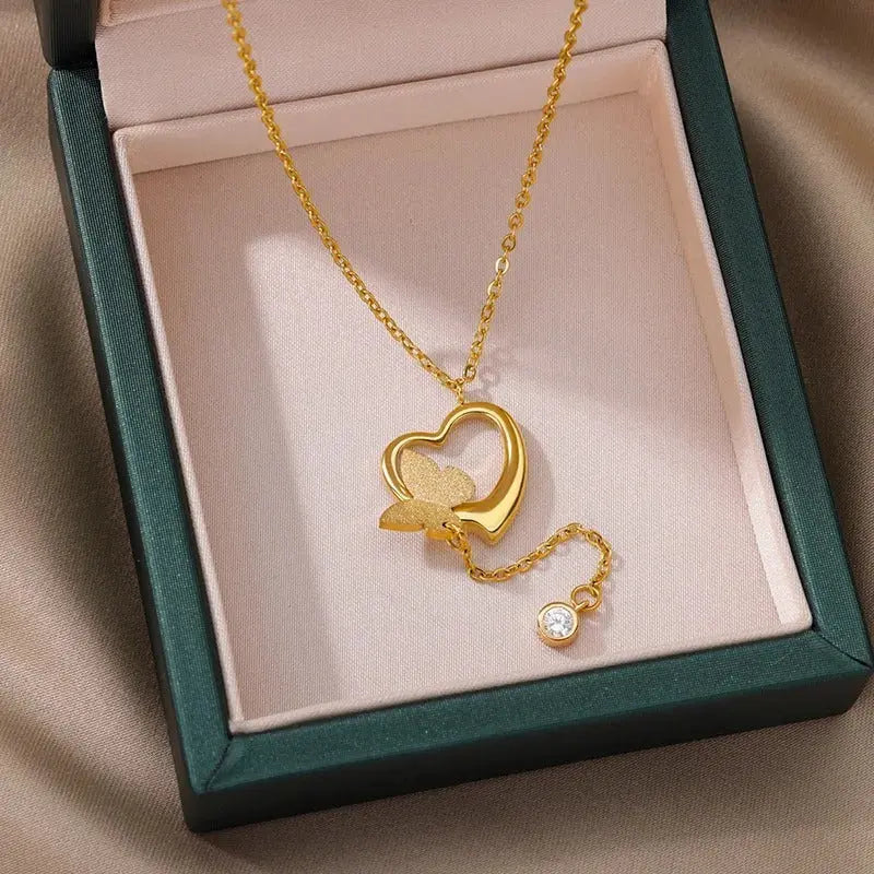 Lovcia Butterfly Heart Pendant Necklace for Women, Adjustable Chain, 18K Gold Plated Stainless Steel Necklace, Elegant Gift for Her-Necklaces-Gold-Gold