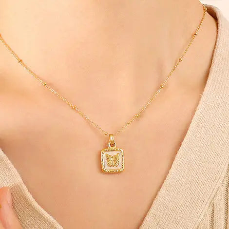 Lovcia Butterfly Square Titanium Steel Pendant Necklace-Necklaces-Gold-One Size-Gold