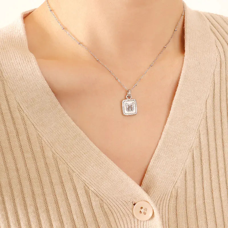 Lovcia Butterfly Square Titanium Steel Pendant Necklace-Necklaces-Silver-One Size-Silver