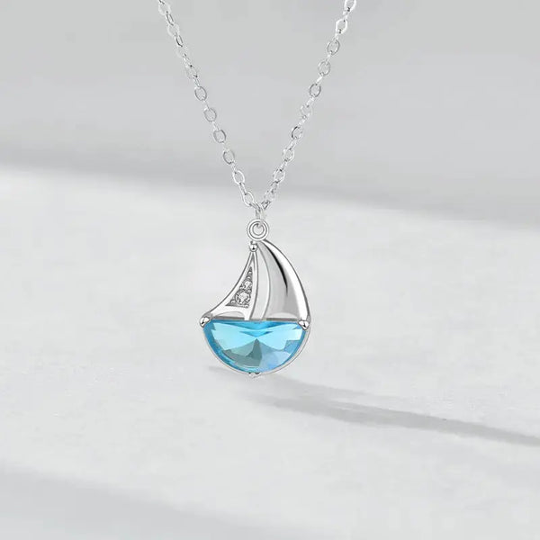 Lovcia Casual Blue CZ Sailboat 925 Sterling Silver Necklace-Necklaces-Rhodium-Rhodium