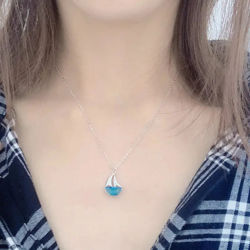 Lovcia Casual Blue CZ Sailboat 925 Sterling Silver Necklace-Necklaces-Rhodium-Rhodium