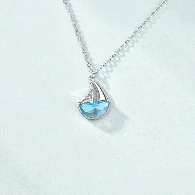 Lovcia Casual Blue CZ Sailboat 925 Sterling Silver Necklace-Necklaces-Rhodium-Rhodium
