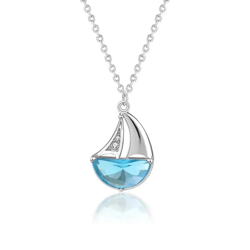 Lovcia Casual Blue CZ Sailboat 925 Sterling Silver Necklace-Necklaces-Rhodium-Rhodium