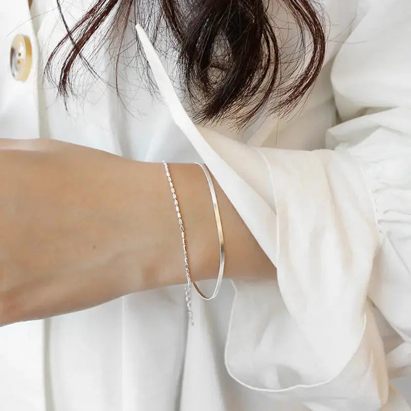 Lovcia Casual Double Layer Beads Snake Chain 925 Sterling Silver Bracelet-Bracelets-Rhodium-Rhodium