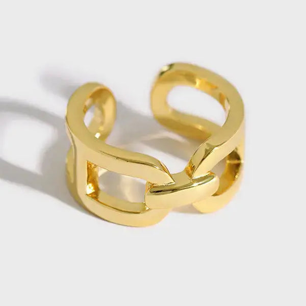 Lovcia Casual Hollow Chain Wide 925 Sterling Silver Adjustable Ring-Rings-Yellow Gold-Yellow Gold