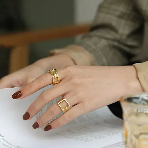 Lovcia Casual Hollow Chain Wide 925 Sterling Silver Adjustable Ring-Rings-Yellow Gold-Yellow Gold