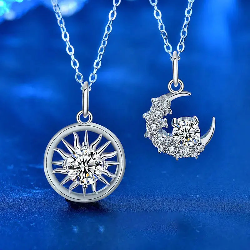 Lovcia Casual Moissanite CZ Crescent Moon Sun 925 Sterling Silver Necklace-Necklaces-1ct Men Sun Necklace-1ct Men Sun Necklace