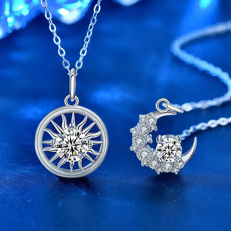 Lovcia Casual Moissanite CZ Crescent Moon Sun 925 Sterling Silver Necklace-Necklaces-1ct Men Sun Necklace-1ct Men Sun Necklace