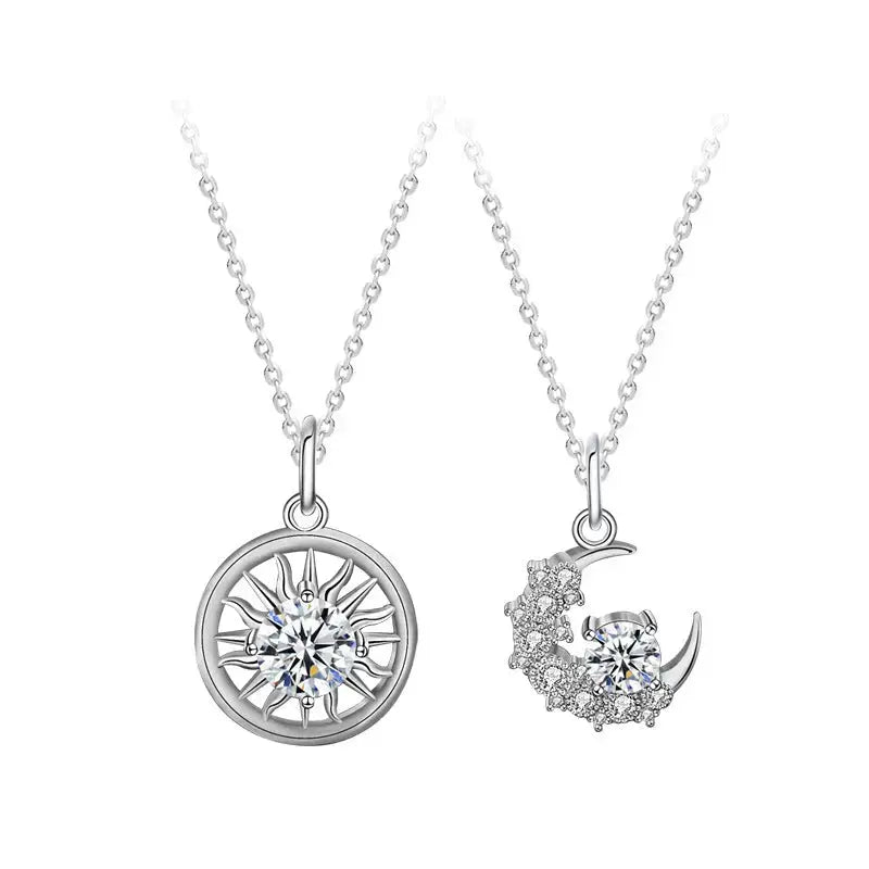 Lovcia Casual Moissanite CZ Crescent Moon Sun 925 Sterling Silver Necklace-Necklaces-1ct Men Sun Necklace-1ct Men Sun Necklace