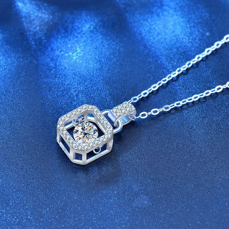 Lovcia Casual Round Dancing Moissanite CZ Lock 925 Sterling Silver Necklace-Necklaces-0.5 Carat Moissanite CZ-0.5 Carat Moissanite CZ