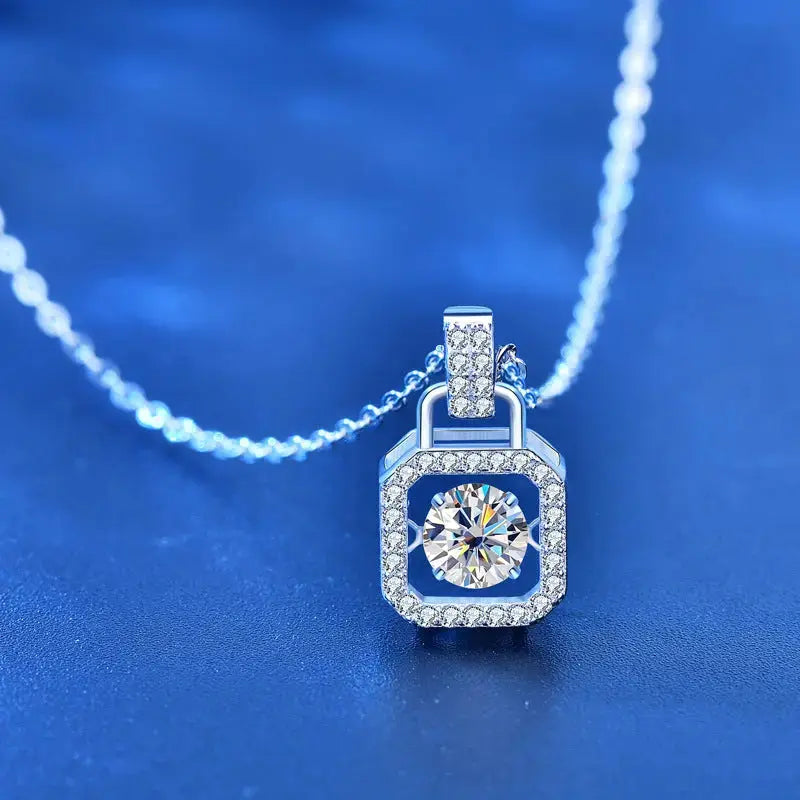 Lovcia Casual Round Dancing Moissanite CZ Lock 925 Sterling Silver Necklace-Necklaces-0.5 Carat Moissanite CZ-0.5 Carat Moissanite CZ