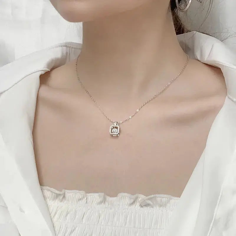 Lovcia Casual Round Dancing Moissanite CZ Lock 925 Sterling Silver Necklace-Necklaces-0.5 Carat Moissanite CZ-0.5 Carat Moissanite CZ